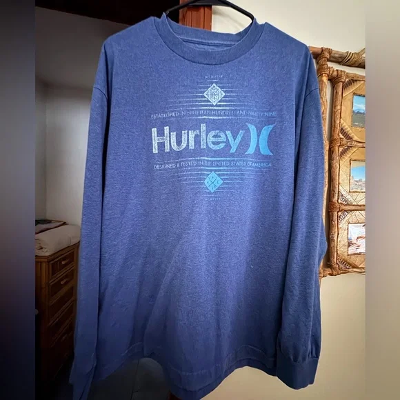Hurley Men’s XL Long Sleeve Graphic Logo Shirt Blue Classic Fit - Picture 1 of 4